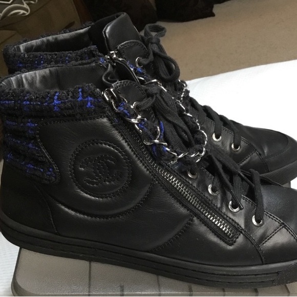 VNTG CHANEL HI TOP LEATHER TWEED TRIM CLASSIC SNEAKERS DOUBLE ZIPPER PULL - Picture 4 of 11